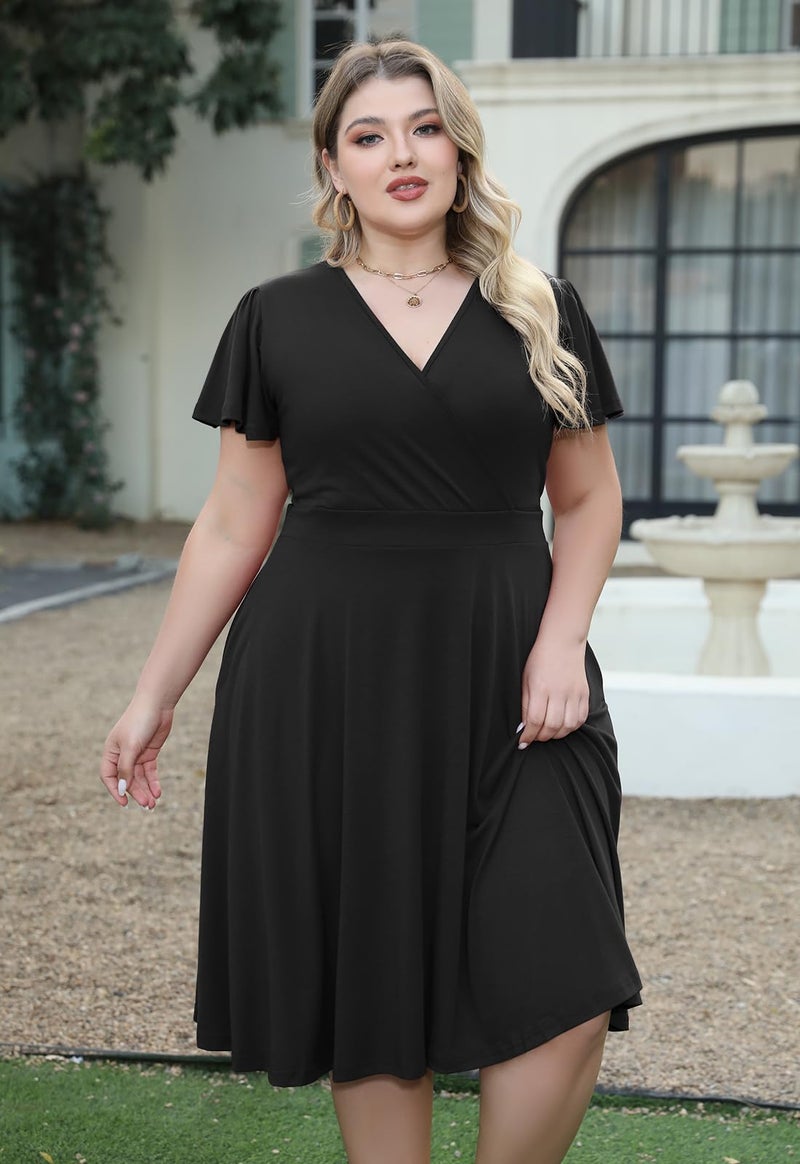Nemidor Plus Size Dresses for Curvy Women Casual Summer V Neck Short Sleeve Midi Cocktail Vintage Dress with Pocket(073,22,Black) - Image 4